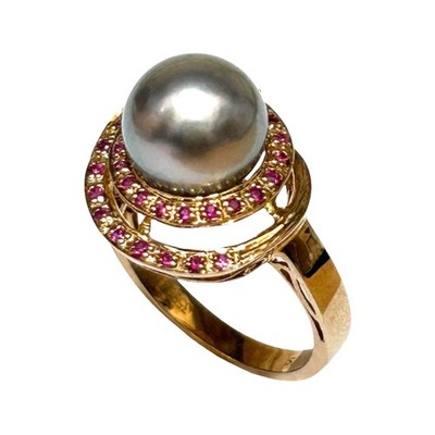 10mm Tahitian Sea Exquisite Peacock Gray 35 pcs Real Rubies Cultured Pearl Ring