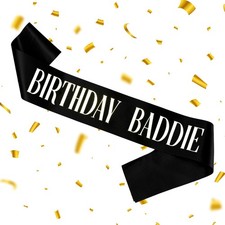 GLITZJOY Birthday Sash, BIRTHDAY BADDIE Sash Black 160cm, Silver