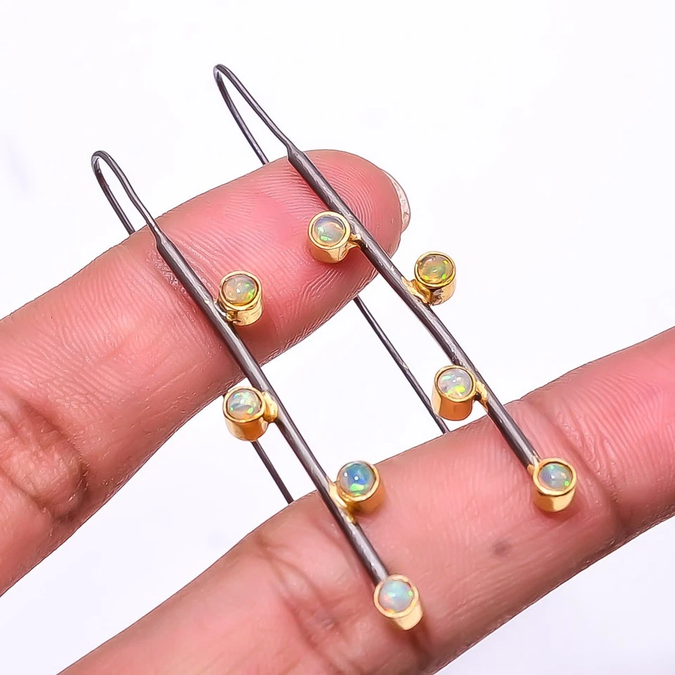 Pendiente enchapado en rodio negro y oro plata de ley 925 ópalo natural 2,15" E36 Foto 3 de 4