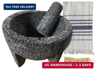 Coladera Mexican Stone Molcajete de Piedra Set for Guacamole with Traditional Ha