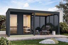 Saunahaus Gartensauna ARES 2 mit Anbaudach 492x276 Metall/Holz Hybrid Saunahaus