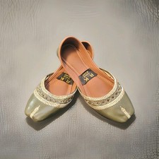 Pakistani/Indian Ethnic leather Handmade Green Khussa/Jutti Shoes US Sz 6.5w