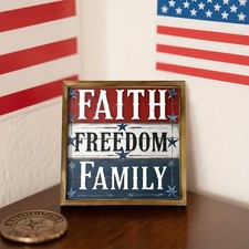 "Faith Freedom Family" Patriotic Wooden Sign 4th of July Home Wall Decor Gift