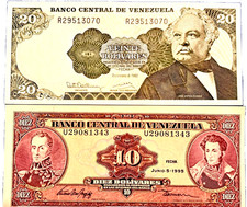 MINT Venezuela UNC 2 Notes Set 10, 20 Bolivares, Currency Banknote Paper Money