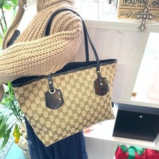 GUCCI GG Borsa Tote in Tela Marrone Beige Oro Ferramenta Italia L32xH14xP13,5cm Authe