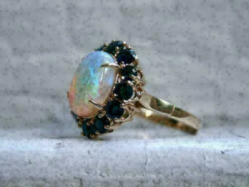 Blue Sapphire Gemstone Large Vintage Oval Opal Ring 14K Yellow Gold Finish