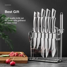 Chef Knife Set 14PC - Stainless Steel w/Acrylic Stand & Sharpener