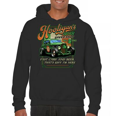 Hooligans Irish Speed Shop St Patricks Day Sweatshirt Hot Rod Shamrock Hoodie