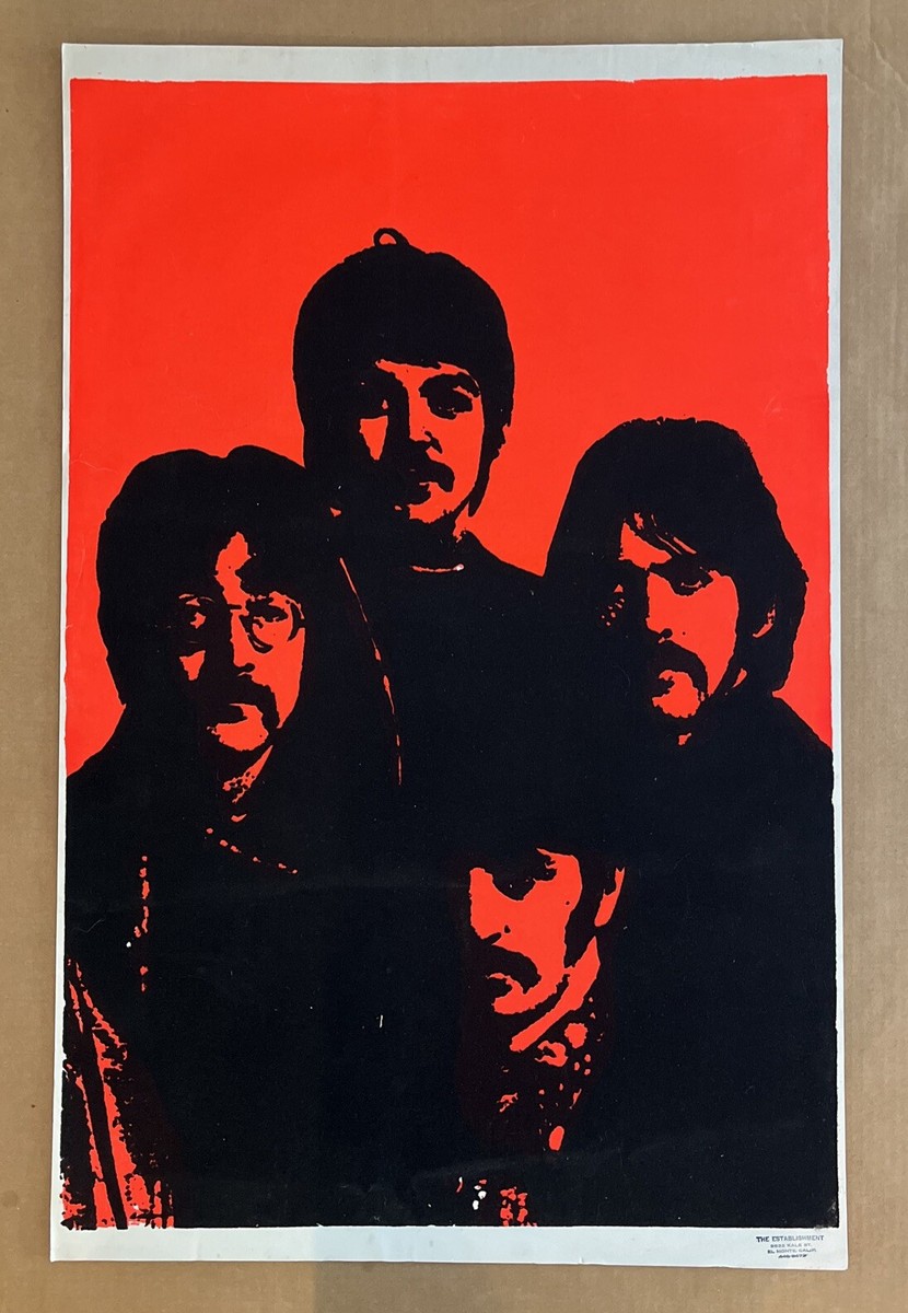 Vintage Original The Beatles Four Faces Flocked Blacklight Poster