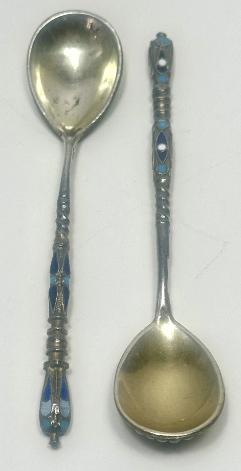 2 антикварные (1890 г.) серебряные/эмалированные ложки клуазоне 0,875 от Gustav Klingert - Изображение 2 из 4