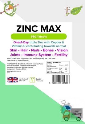Zink Max Triple Zink, Kupfer Vitamin C 360 Tabs, Gelenke Immunsystem LINDEN UK