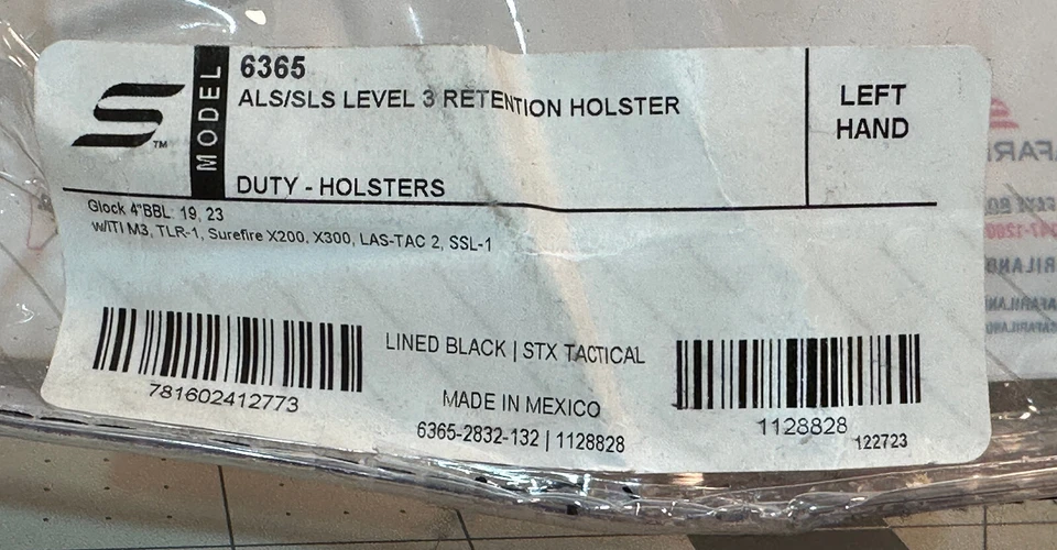 Safariland 6365 ALS/SLS Level-3 LH Duty Holster: GLOCK 19 23 + LIGHT - LEFT HAND - Image 2 of 4