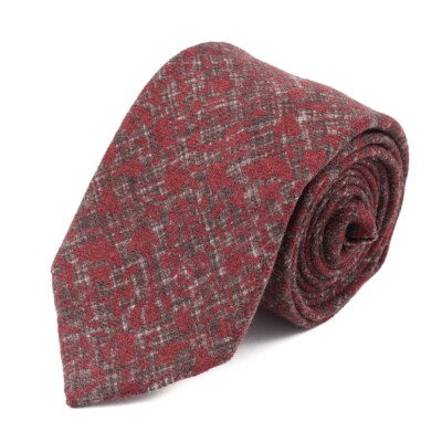 Isaia Napoli Brown Mélange Soft Woven Wool Tie with Burgundy Print NWT