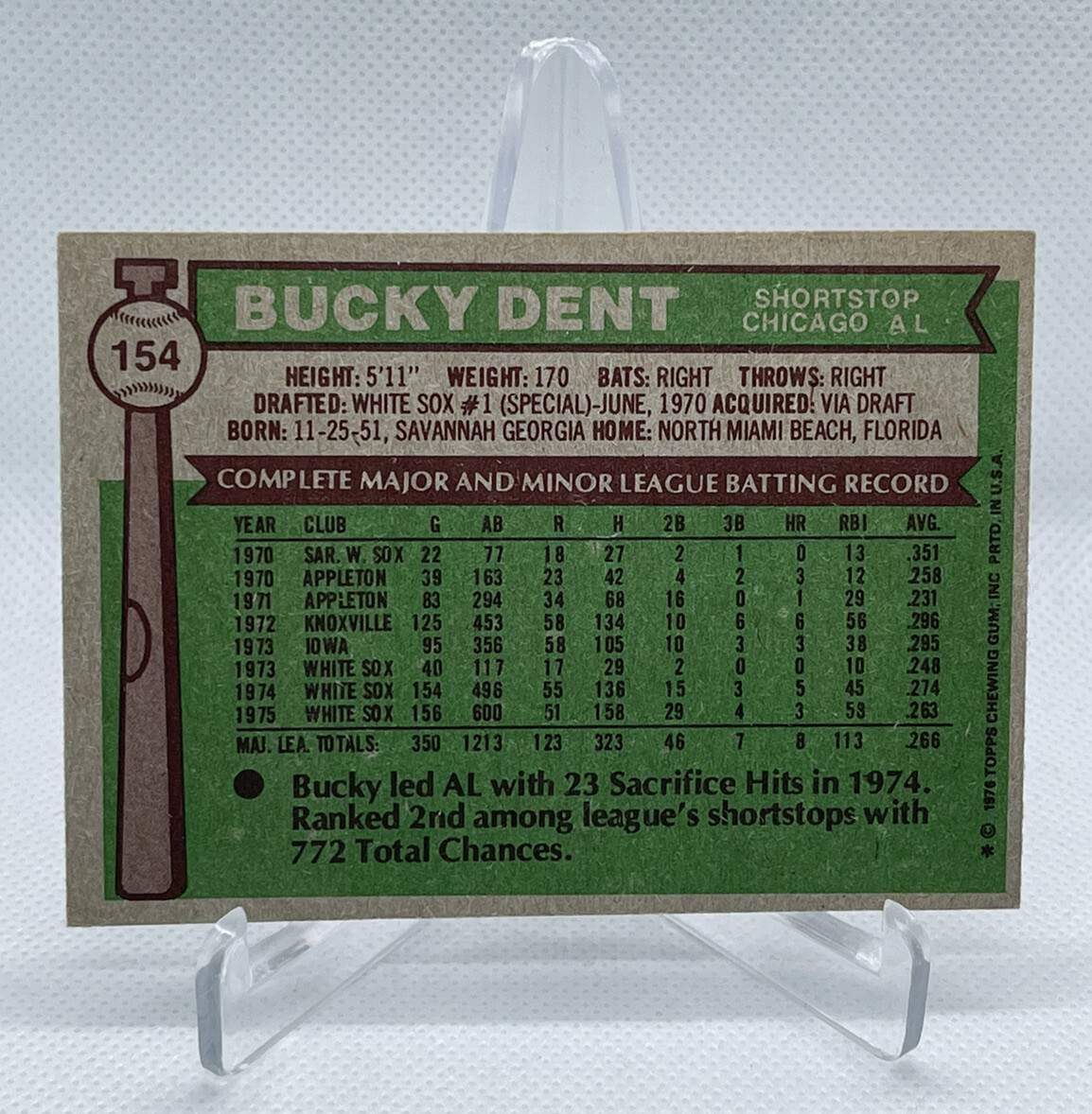 1976 Topps Bucky Dent #154 MLB Vintage Baseball Chicago White Sox
