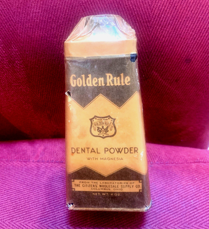 Antique Dental Tooth Powder Tin: Still Cello Wrapped Golden Rule. Contents. Drug