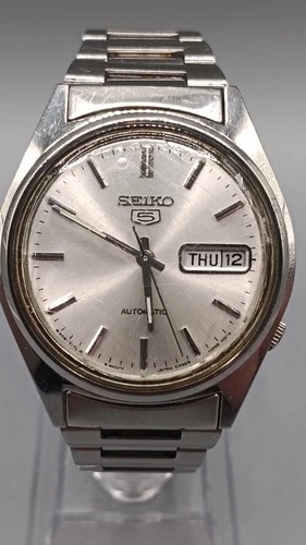 Vintage 1970s Seiko 5 6309-7150 Automatic Day Date Silver Dial Watch Running