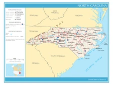 Map of the State of North Carolina United States Political Physical Poster Print
