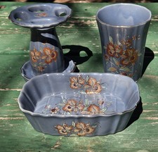 Vintage Porcelain Cup Toothbrush Soap Japanese Floral Motif Slate Blue Gold SET