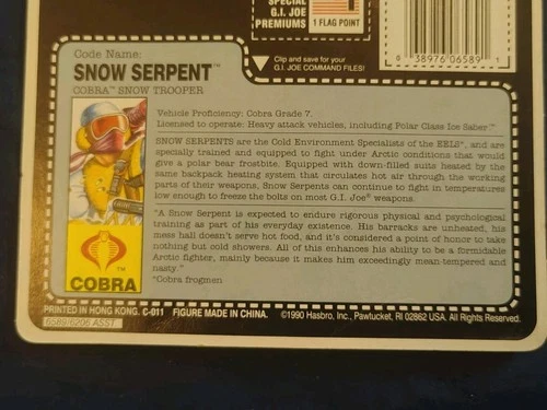 Snow Serpent Vintage GI Joe Full Card Back Uncut File Card 1990 Hasbro