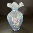Fenton Mist Blue Satin Irises Hand Painted Aurora Vase 1997  With Tags 7 1/2”