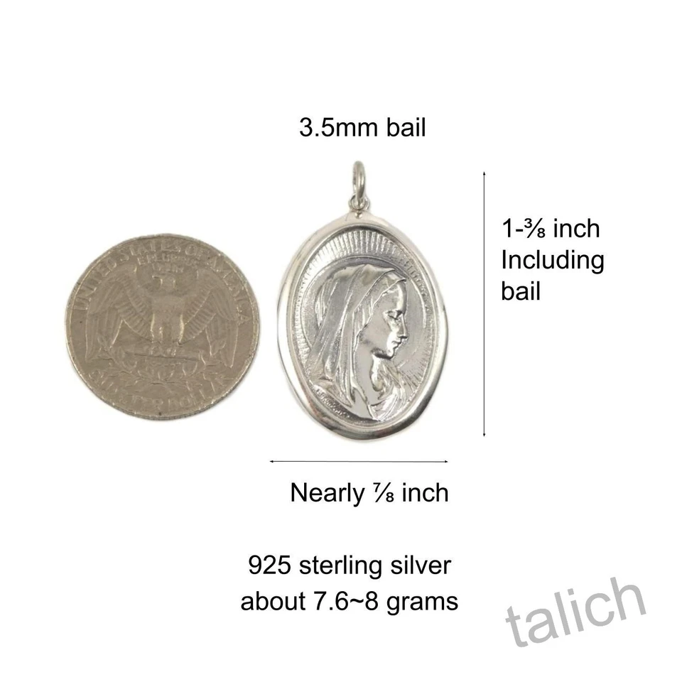 Colgante amuleto ovalado de plata de ley 925 maciza pulida de Santa Virgen María regalo Foto 2 de 4