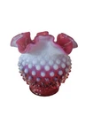 Fenton (?) Hobnail 4 1/2" Vase  Cranberry Opalescent Glass Double Crimped Rim