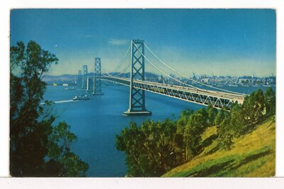 2 San Francisco Bay Ferries Pass as they go under The Bay Bridge 40's Postcard