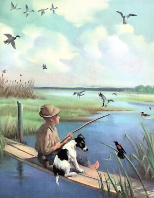 Sweet Boy & Dog Fishing Print Wesley Dennis Illustration Gallery Wall Art 6079s
