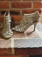 Coach And Four Silver and Gold Sparkly Gladiator Peep Toe Zip Back Heels Women's