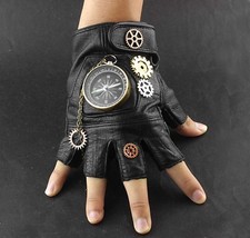 Steampunk Cosplay Compass Gears Fingerless Real Leather Halloween Gloves Unisex