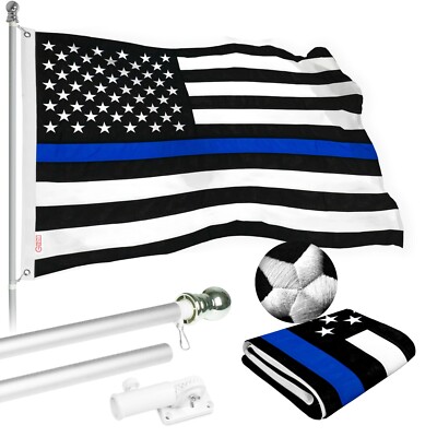 NEW G128 Thin Blue Line Flag & Flagpole, 5FT Silver Pole and 2x3FT SPUN Flag