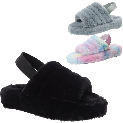 Womens Open Toe Fluffy Fur Lined Ladies Slingback Warm Winter Sliders  Slippers | eBay