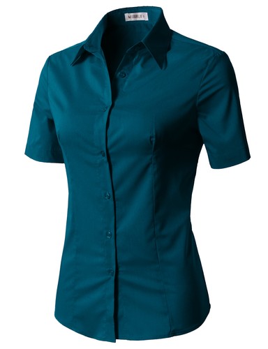 Womens Button Down Shirt Basic SLIM FIT Simple Short Sleeve Collared S010 - Picture 76 of 95