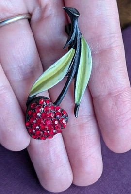 JJ Cherry Rhinestone Pin Black Metal Enamel Leaves 1'' By 2''