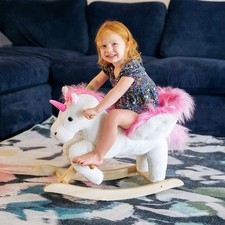 Kids Rocking Chair with Sound, Wood Base Seat, White Unicorn