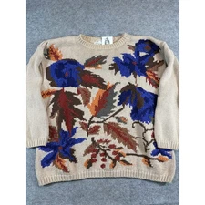 VTG Chrysantheme Floral Knit Sweater Womens L Crewneck Boho Grandma Cottagecore