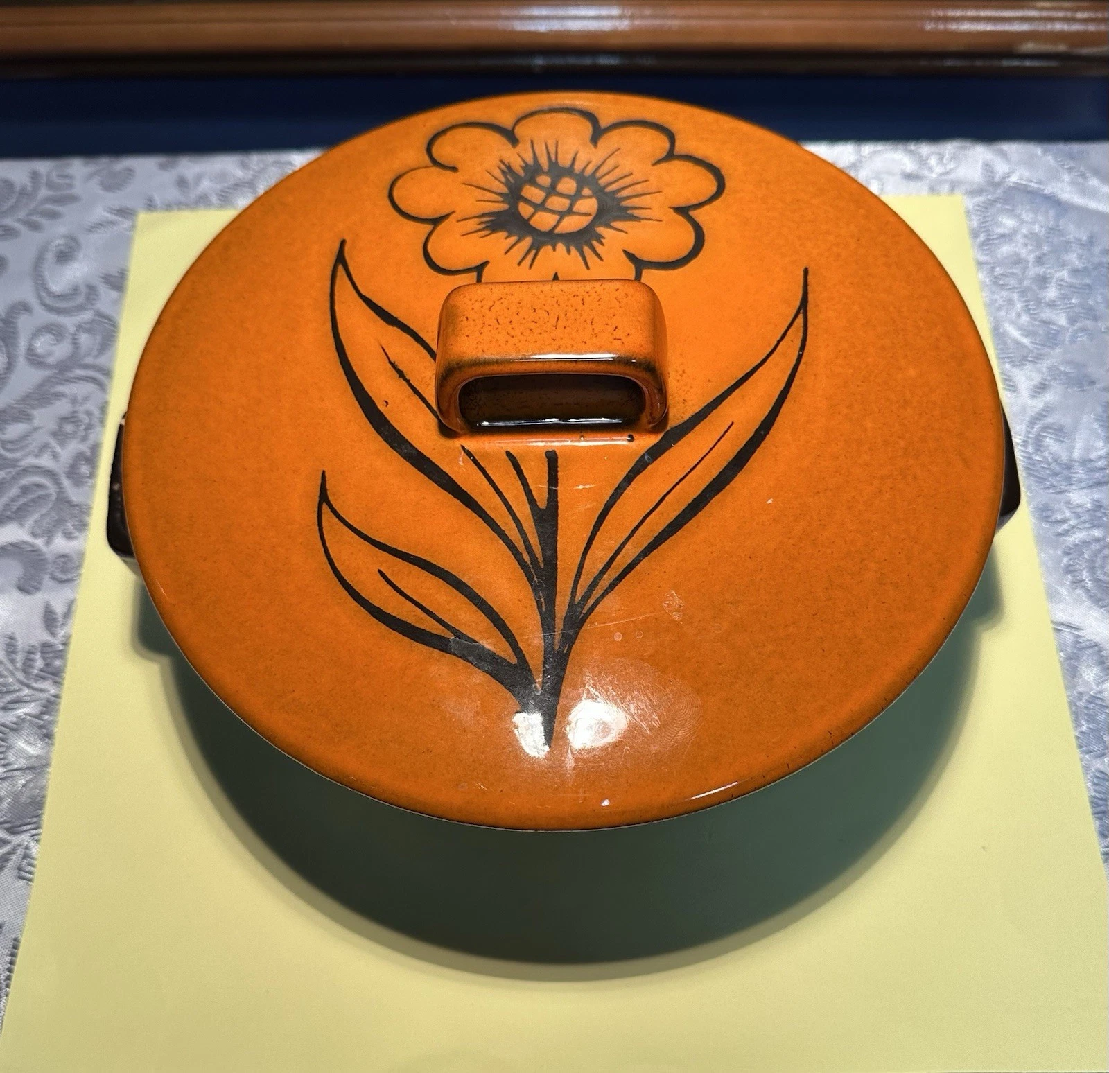 Italian Made Porcelain Dutch Oven Orange And Brown With Floral Design