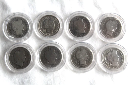 Lot 8 Barber Silver Dimes 1899 1902 1903 1908D 1909 1910 1912D 1913 all in cases