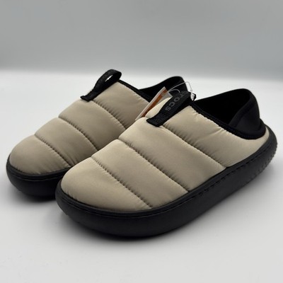Crocs Tan Classic Puff Moc Slippers Faux Fur Slide On Quilted Nylon Puff Size J4