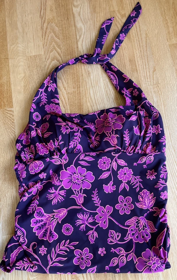 Camiseta de natación Lands’ End talla 16 D copa cuello cuadrado halter púrpura floral Foto 2 de 3