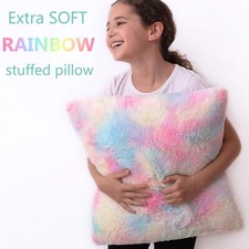 Set of 2 Decorative Throw Pillows for Girls White Fluffy Heart and Soft Rainbow