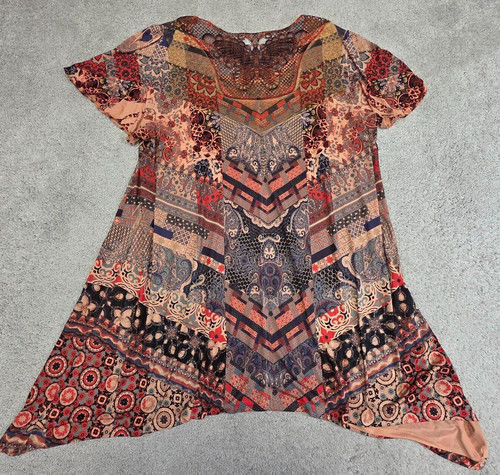 ONE WORLD Orange Print Crochet Butterfly On Back Tunic Lined Cap Sleeve Medium