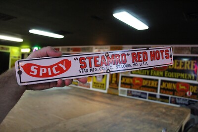 SPICY STEAMRO RED HOT DOG DEALER PORCELAIN METAL SIGN COKE COLA CONEY ISLAND