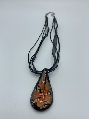 Glass Orange Flower Drop Lampwork Pendant Black Ribbon Strand Necklace Jewelry