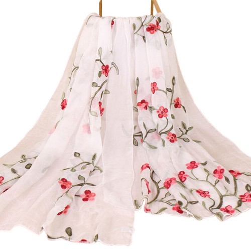 Summer Beach Women Thin Silk Scarf Shawl Chiffon Flower Embroidery Long Tippet - Picture 6 of 26