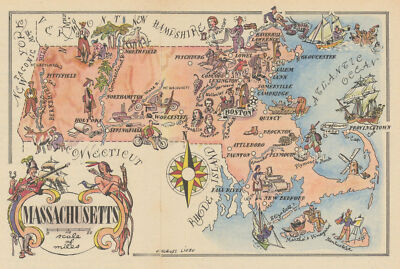 Massachusetts small state map by Jacques Liozu 1946 old vintage plan chart