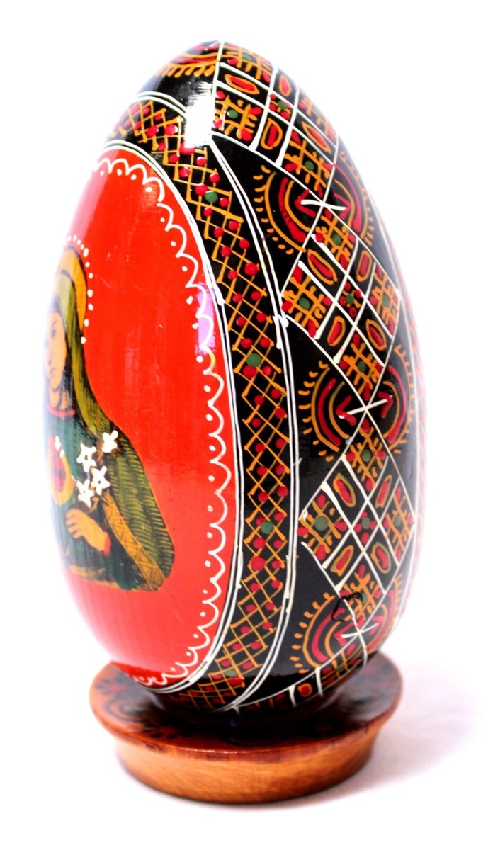 Vintage Ukrainian Hand Painted Pysanka Easter Wood Egg Virgin Mary