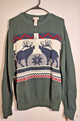 Mens Dockers Cotton Pine Green Moose Elk Holiday Christmas Ugly Sweater M *NWT*