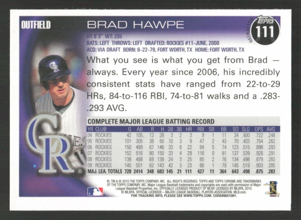 2010 Topps Chrome Brad Hawpe Orange Refractors #111 Card - Image 2 of 2