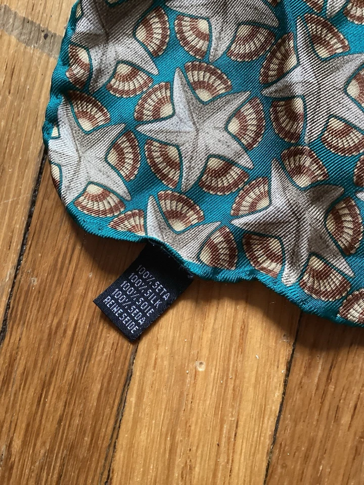 Bespoke Teal / Green Starfish Printed Handkerchief,100% Silk Hand Rolled,MINT - Image 2 of 3